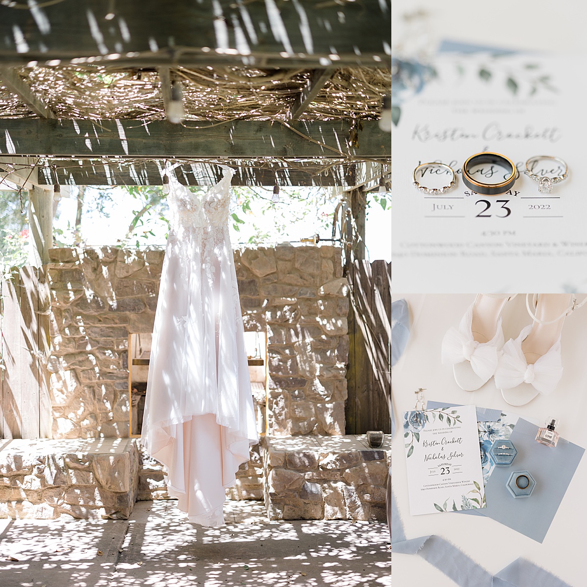 details of invitation, bride and groom rings, and romantic gown from California vineyard wedding