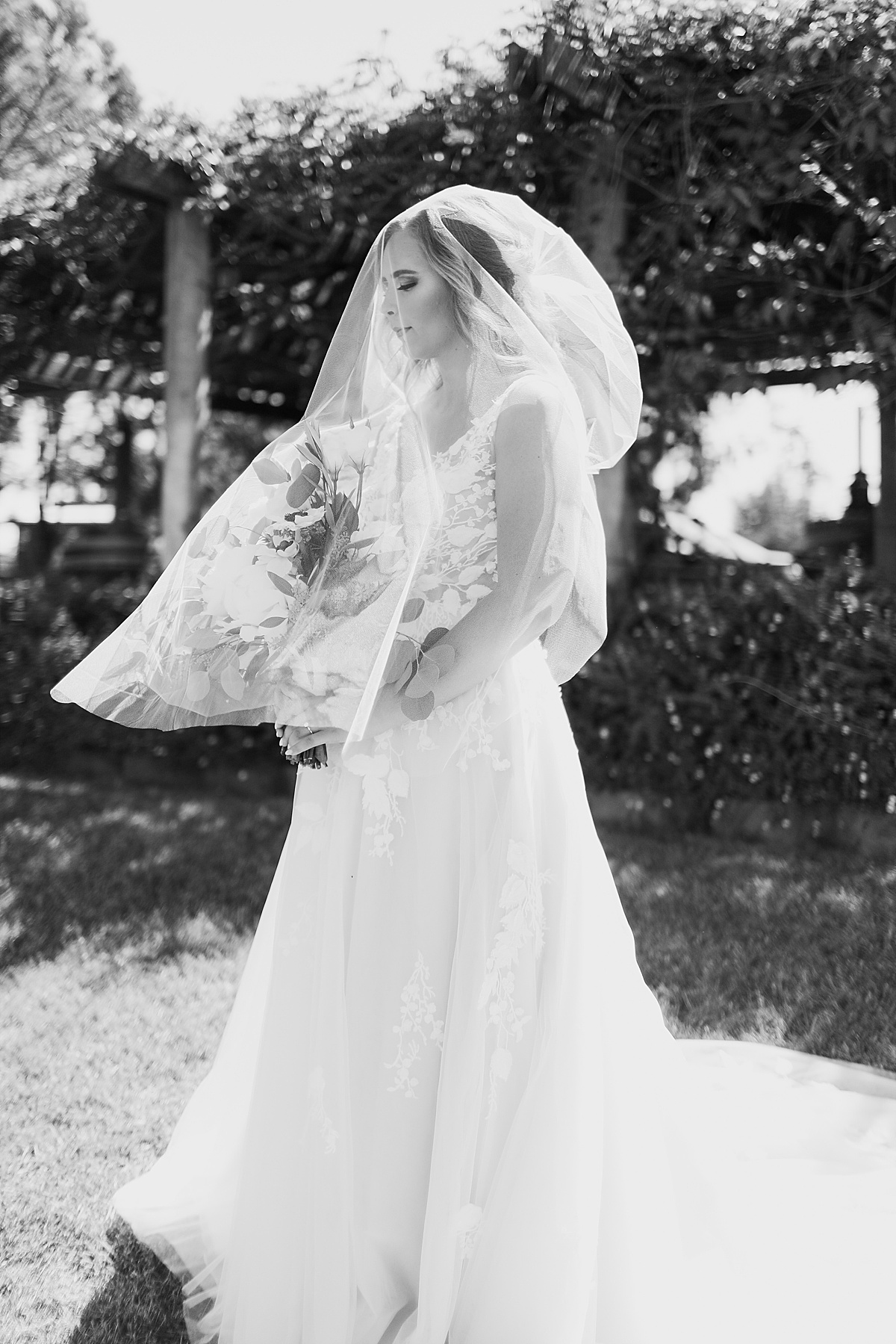 bride in romantic tulle and floral gown poses with veil and bouquet before California vineyard wedding