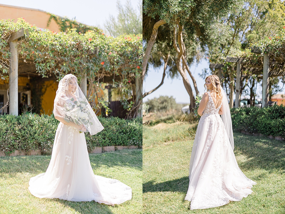 bride in romantic tulle and embroidered gown poses before California vineyard wedding