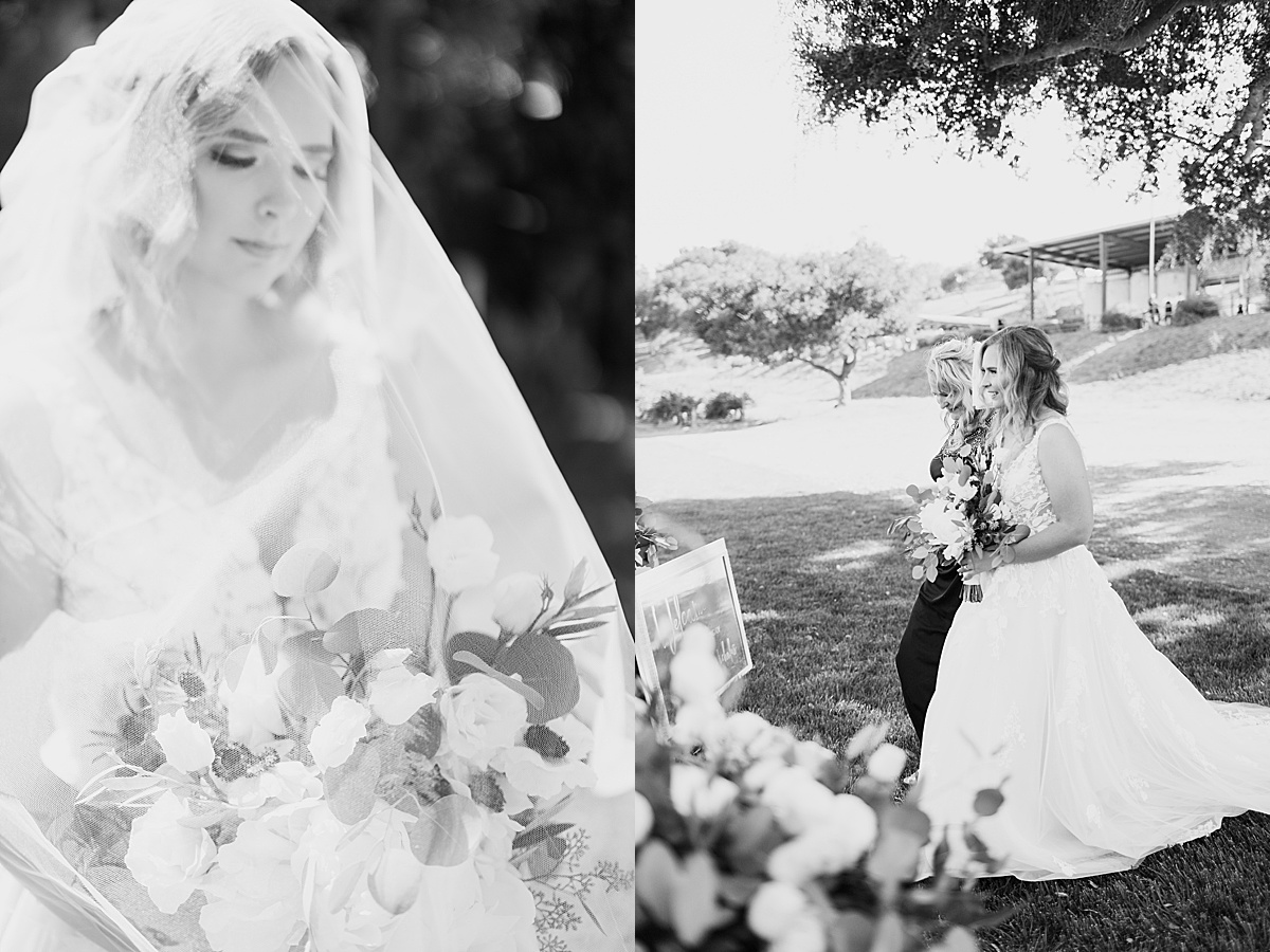 bride in romantic tulle gown with poppy bouquet walks the aisle at ceremony shot by Hunter Hennes Photography