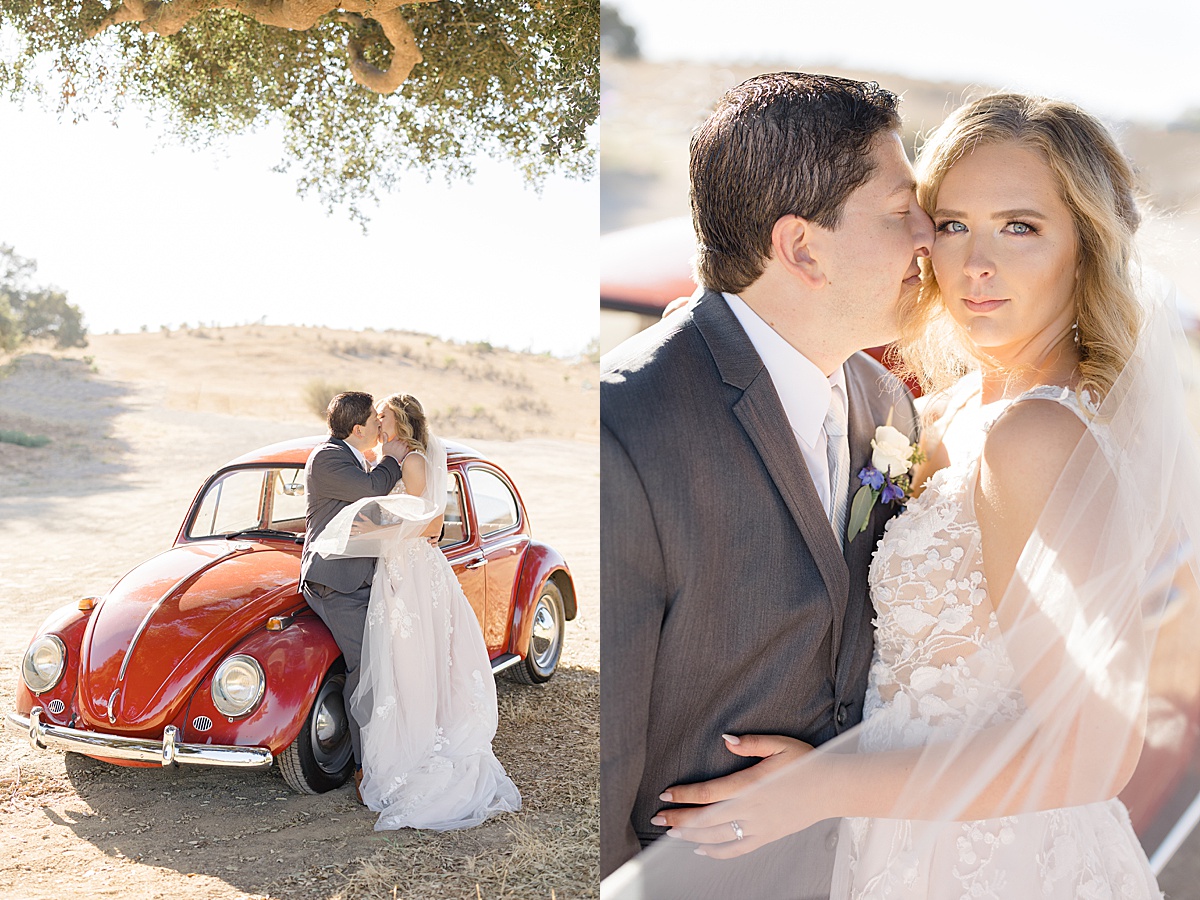 classy bride and groom pose with bright red volkswagen beetle after wedding shot by Hunter Hennes Photography
