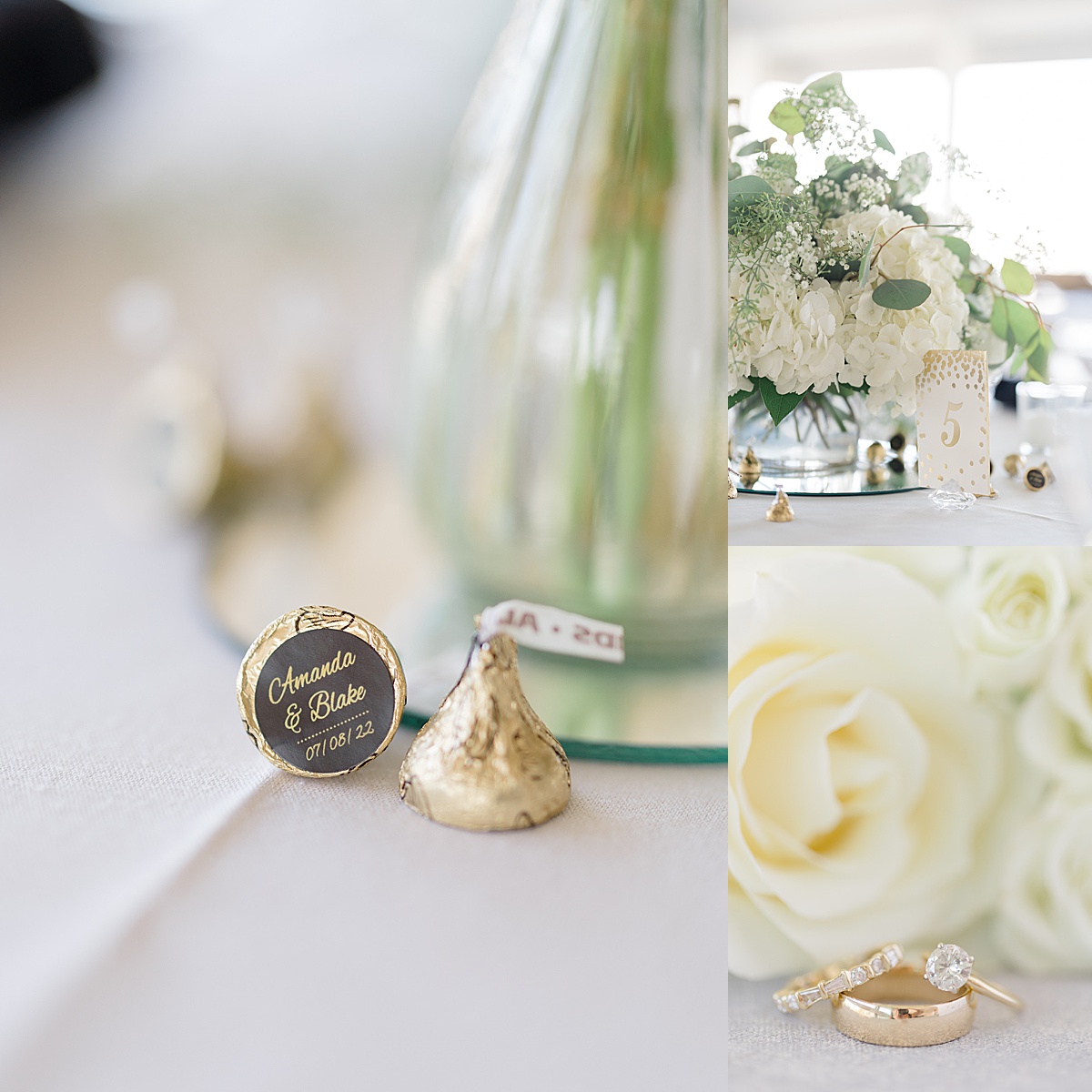 details of custom chocolate kisses and wedding rings at vow renewal at huntington beach
