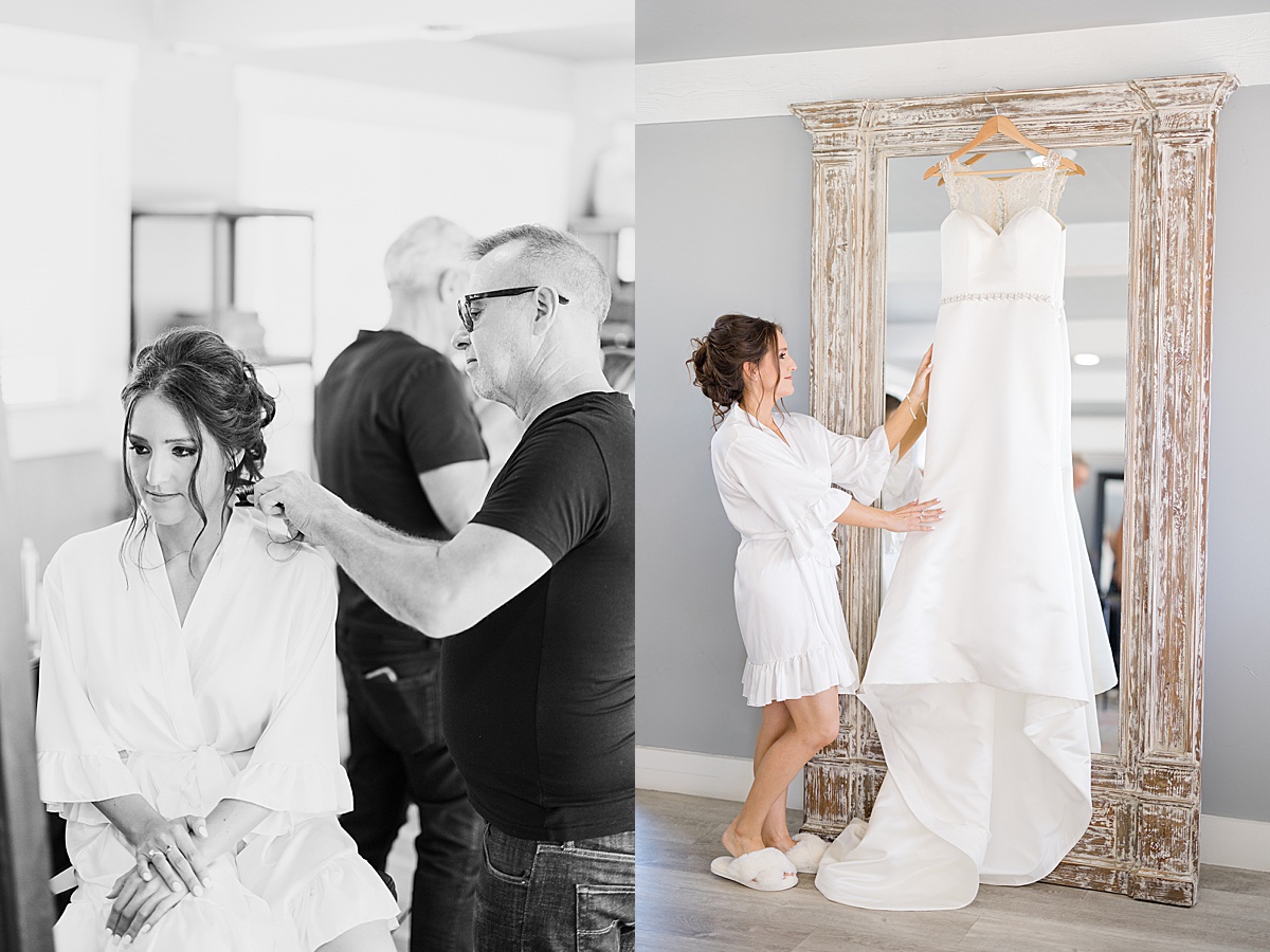 bride in white dressing robe gets hair done and prepares for vow renewal at huntington beach