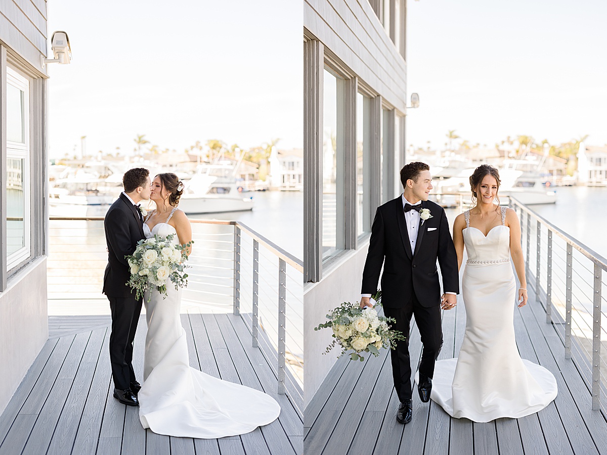 bride in elegant simple gown and groom in black tux pose oceanside for Hunter Hennes Photography