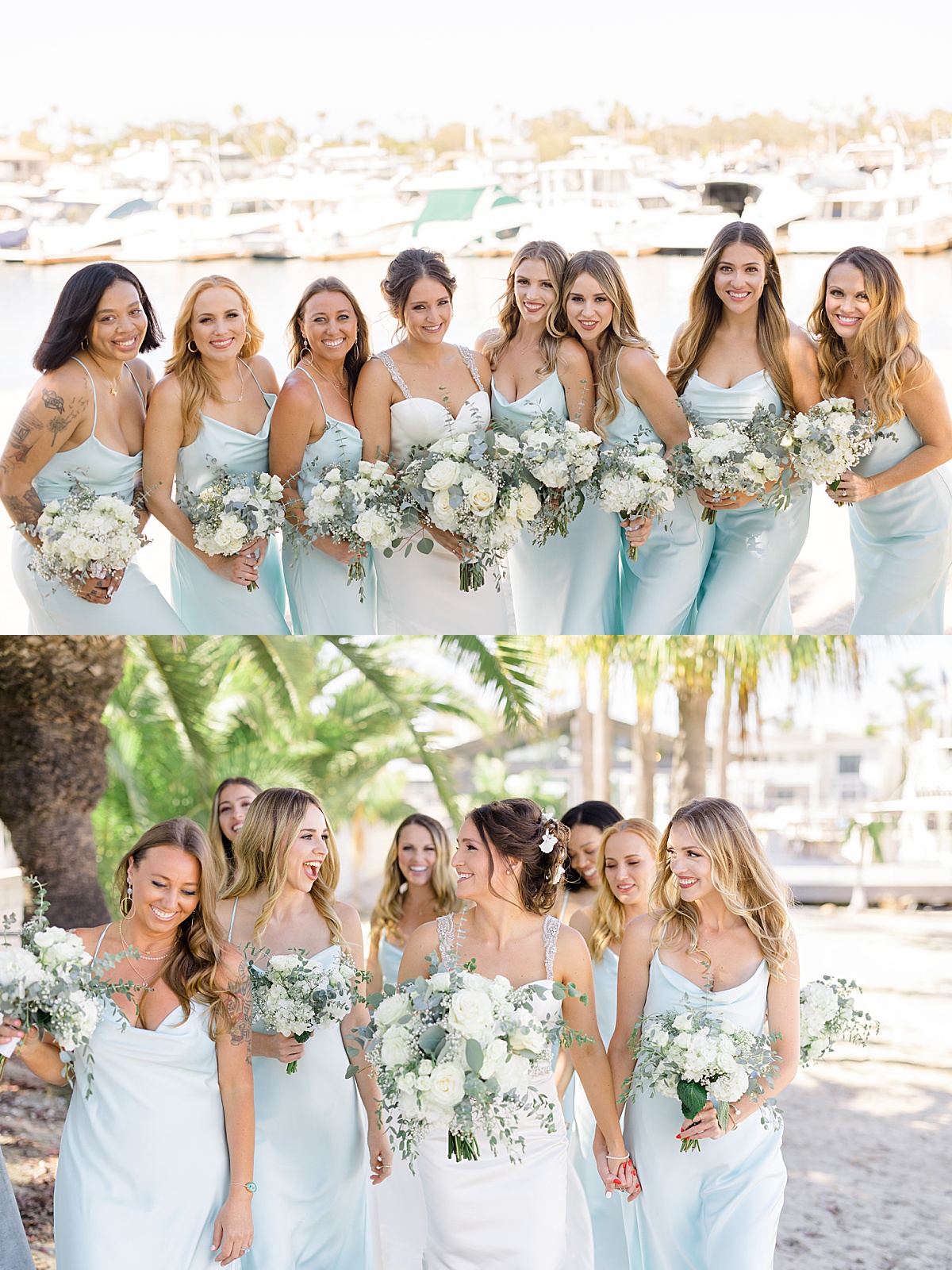 bride in elegant gown and bridesmaids in light blue slip dresses pose on california beach for Hunter Hennes Photography