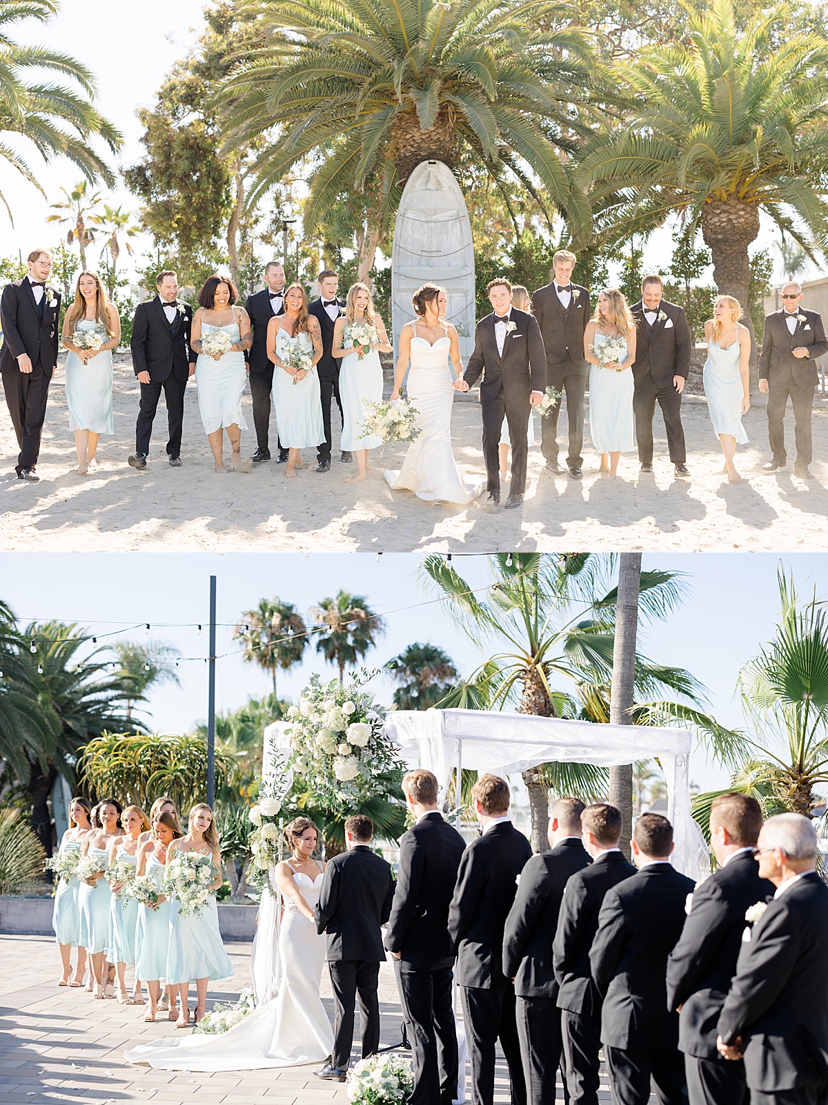 bride and groom are surrounded by wedding party in black tuxes and light blue slip dresses shot by Hunter Hennes Photography