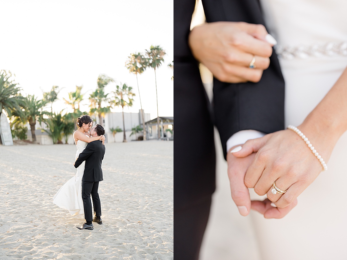 newlywed bride and groom pose on california beach after ceremony shot by Destination wedding photographer