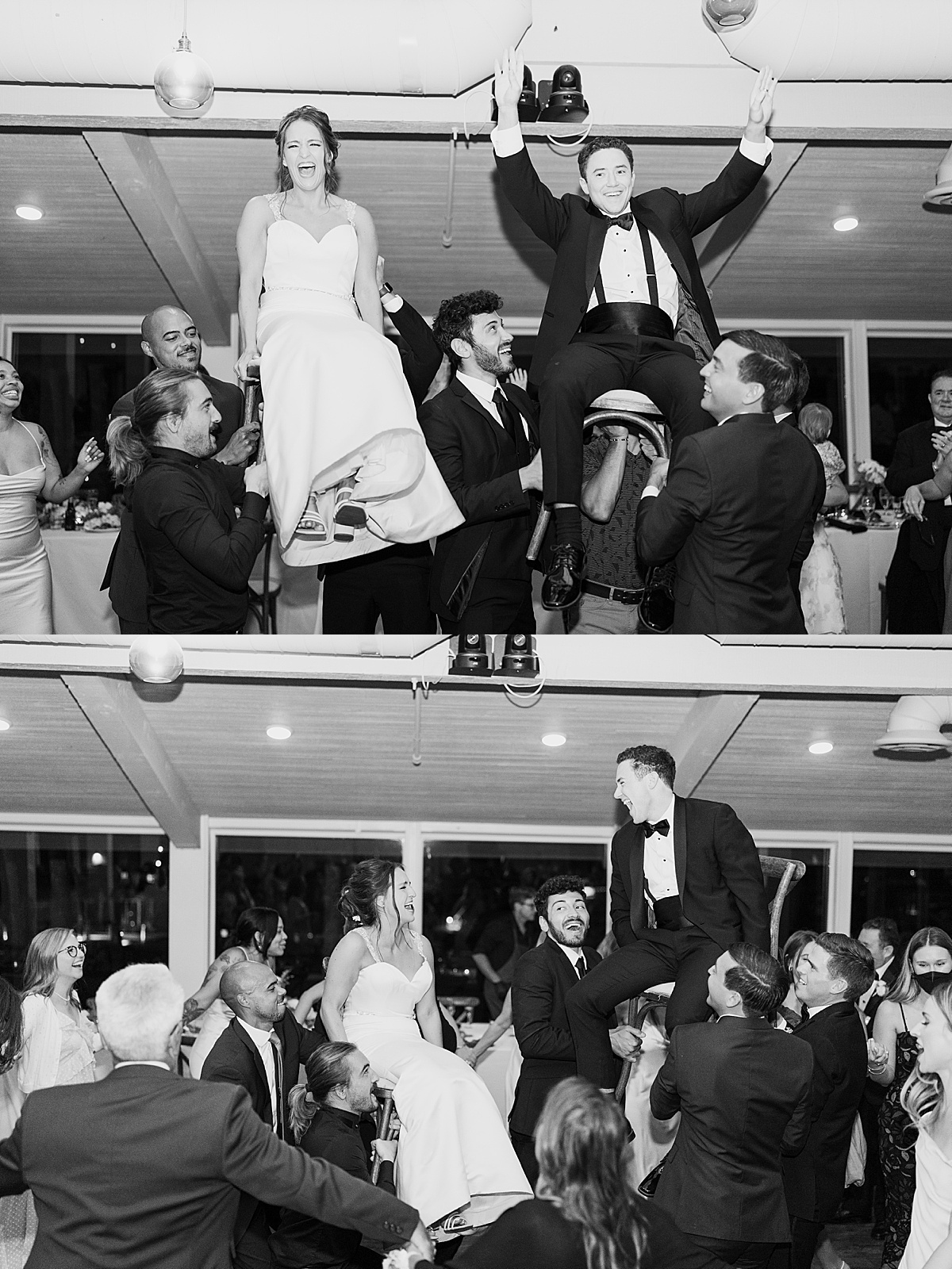 bride and groom are raised on chairs by reception crowd at jewish wedding shot by Destination wedding photographer