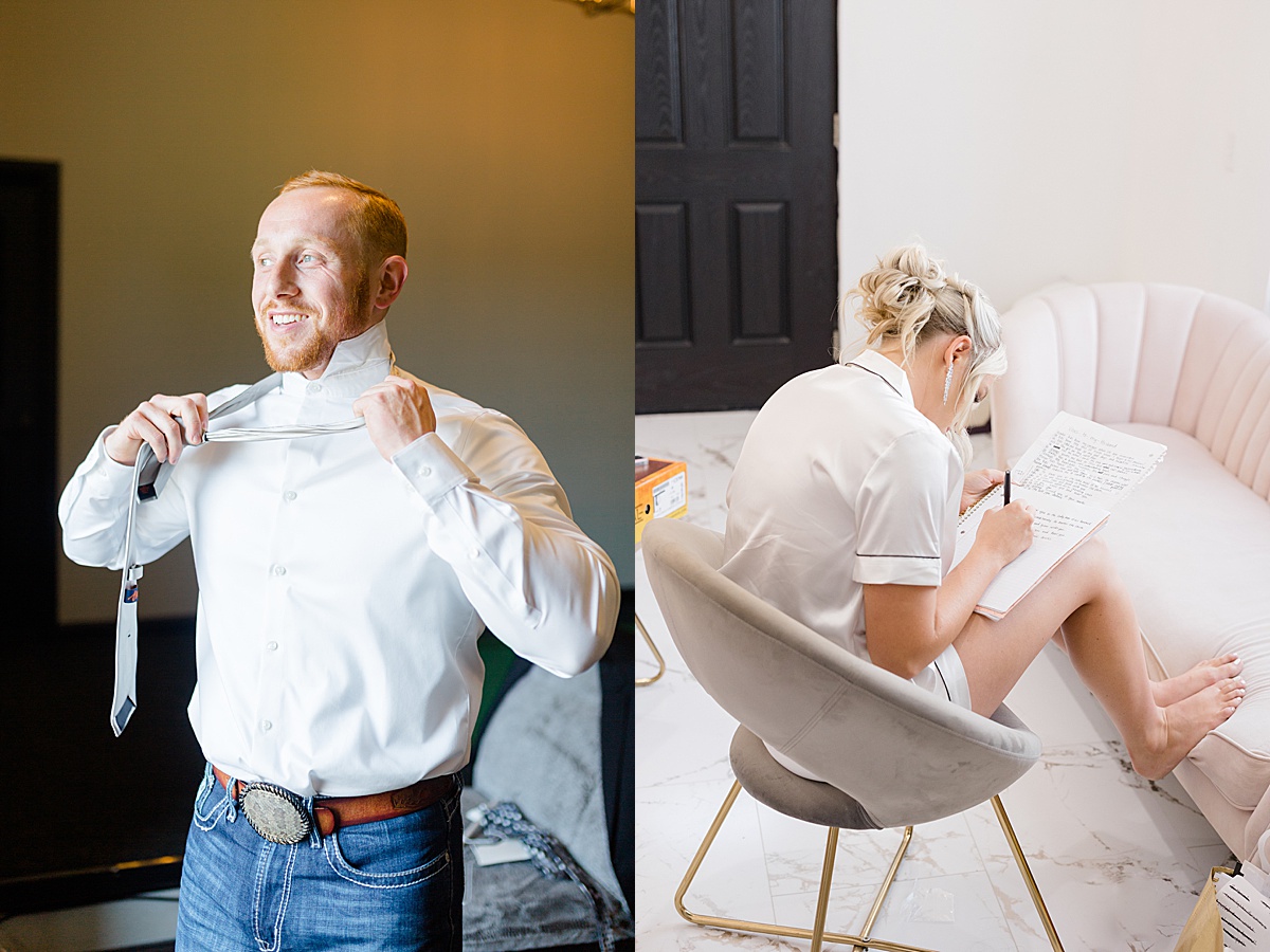 cute bride and groom get ready before Western themed July wedding