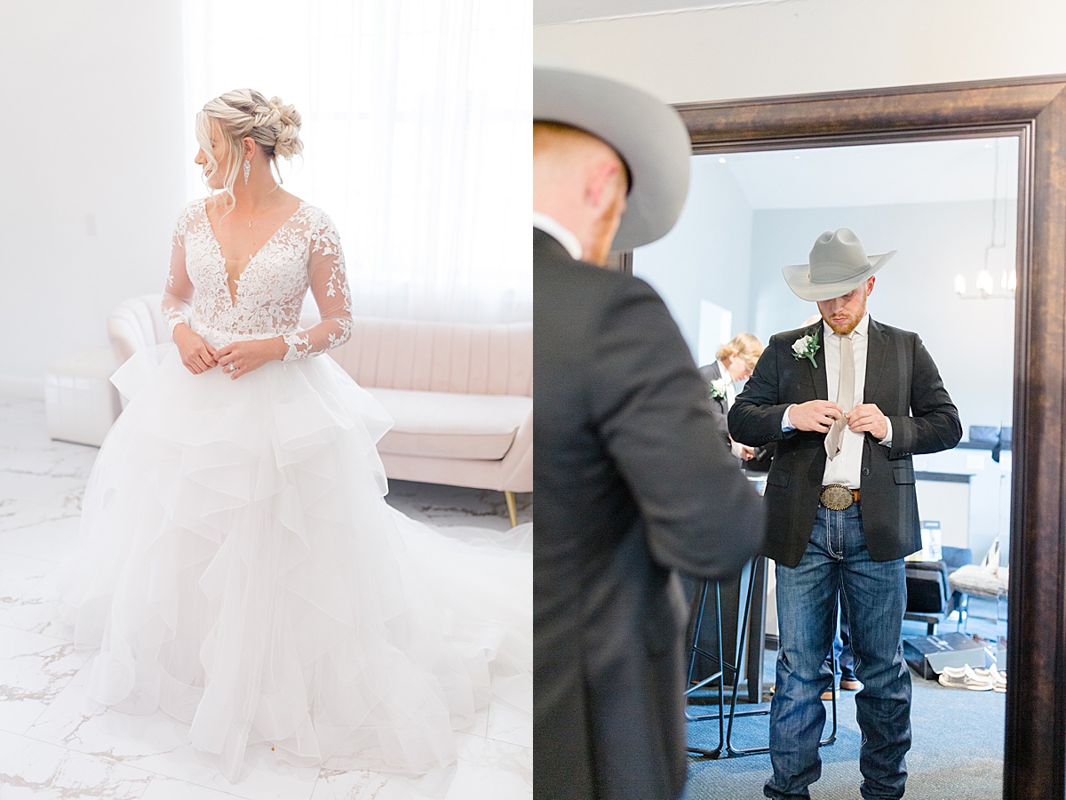 bride in classy gown and updo and groom in jeans and felt hat get ready before Western themed July wedding
