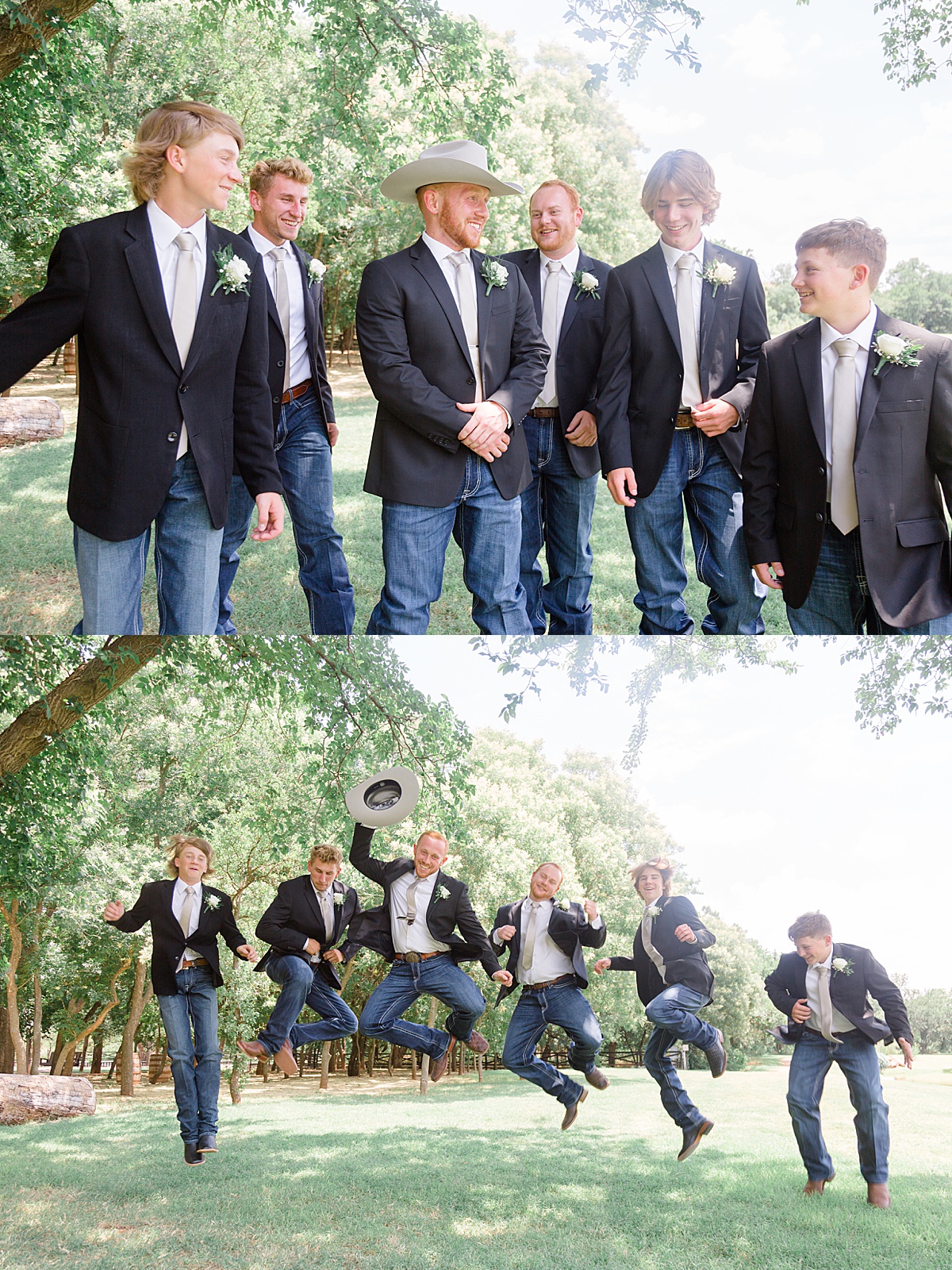 groom and groomsmen in jeans and blazers jump for joy before ceremony shot by Destination wedding photographer