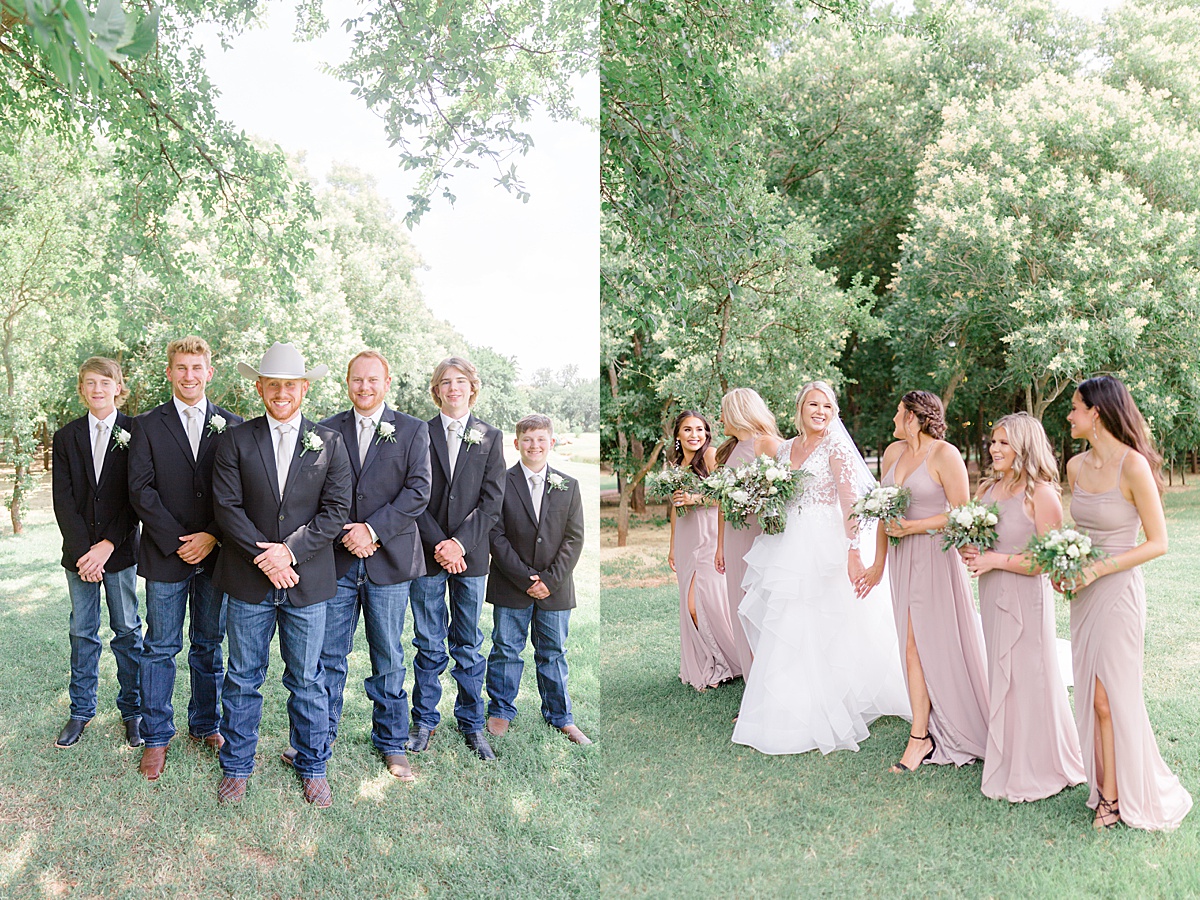 bridal party in nude pink gowns and groomsmen in jeans and blazers join bride and groom | Destination wedding photographer