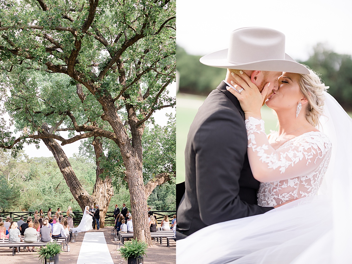 western oklahoma bride and groom get married under huge oak tree during ceremony shot by Hunter Hennes Photography