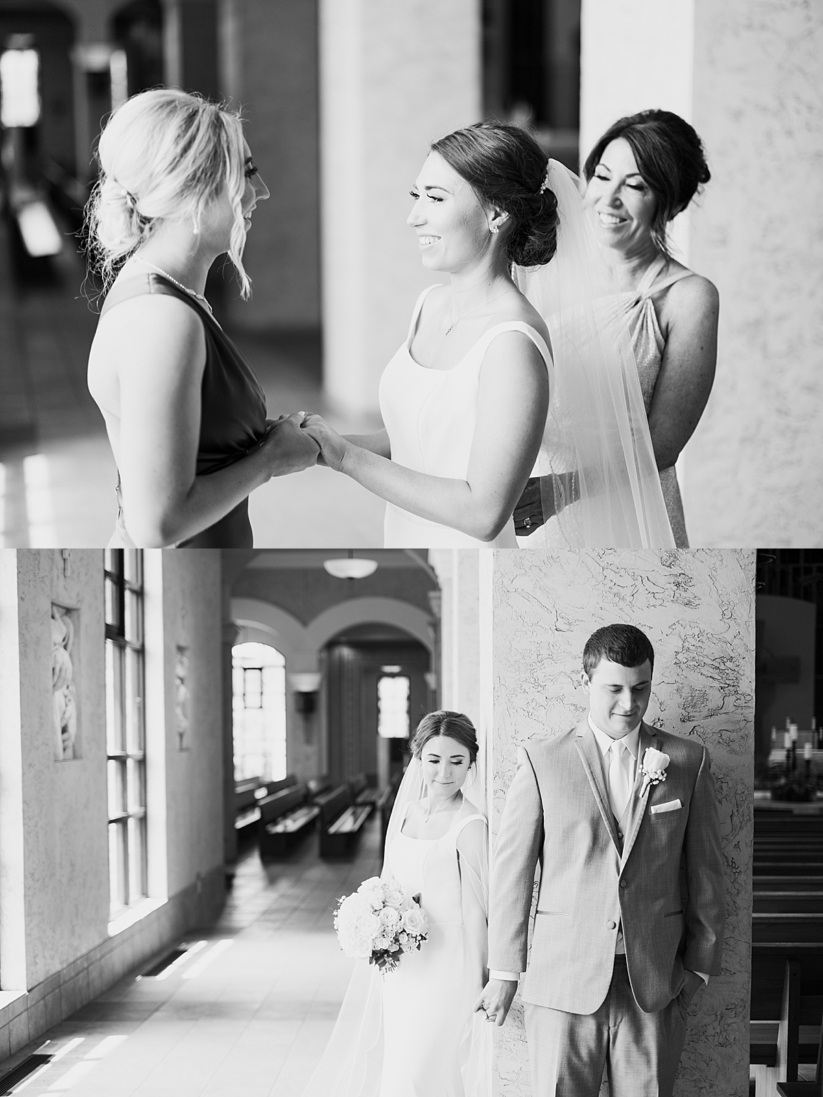 bride holds first look with groom, mother, and sister before heartfelt Catholic ceremony