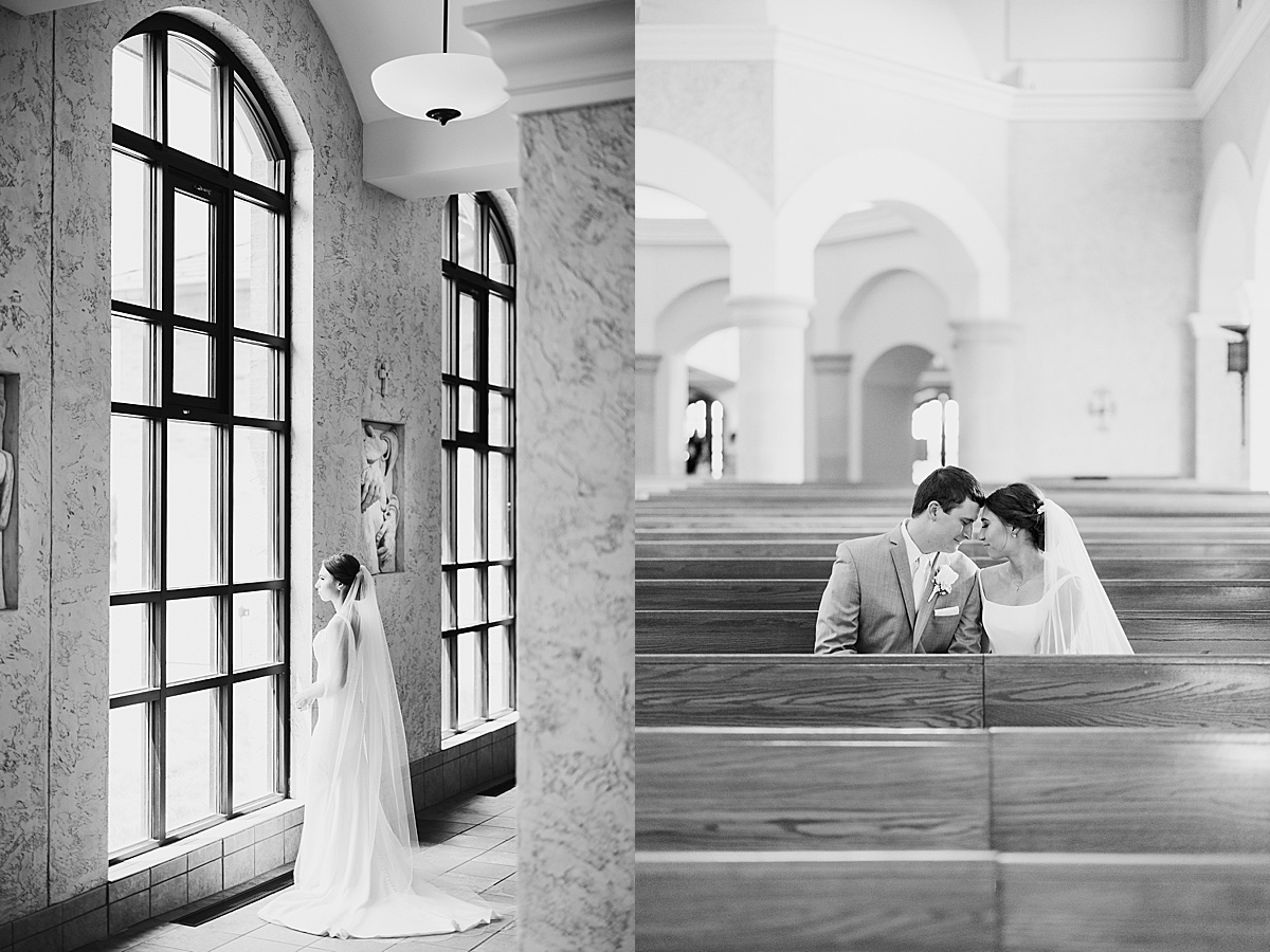 bride and groom pose in elegant catholic church before wedding shot by Hunter Hennes Photography