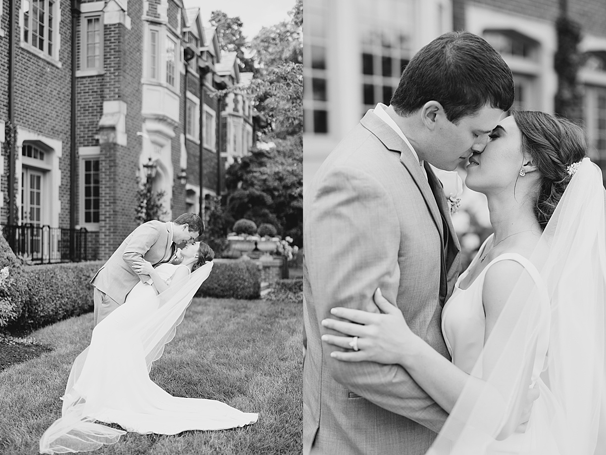 classically elegant newlywed bride and groom pose in hotel garden after wedding shot by Hunter Hennes Photography