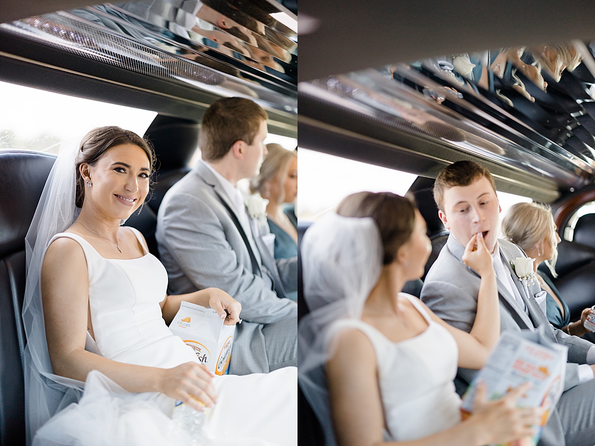 bride feeds groom goldfish in limo on the way to reception shot by Hunter Hennes Photography