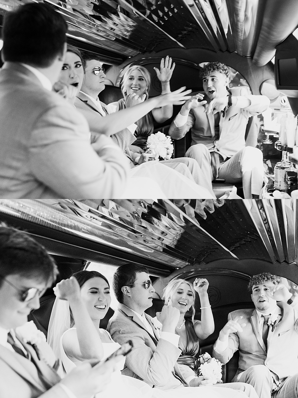 wedding party and bride and groom dance to music in limo on the way to reception shot by Hunter Hennes Photography