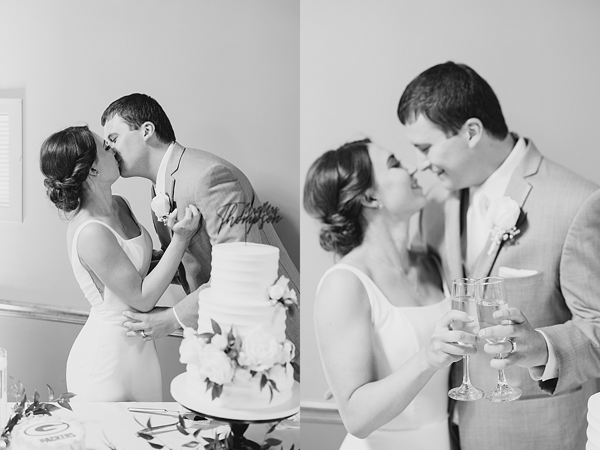 newlywed bride and groom cut cake and share a toast at classy reception shot by destination wedding photographer