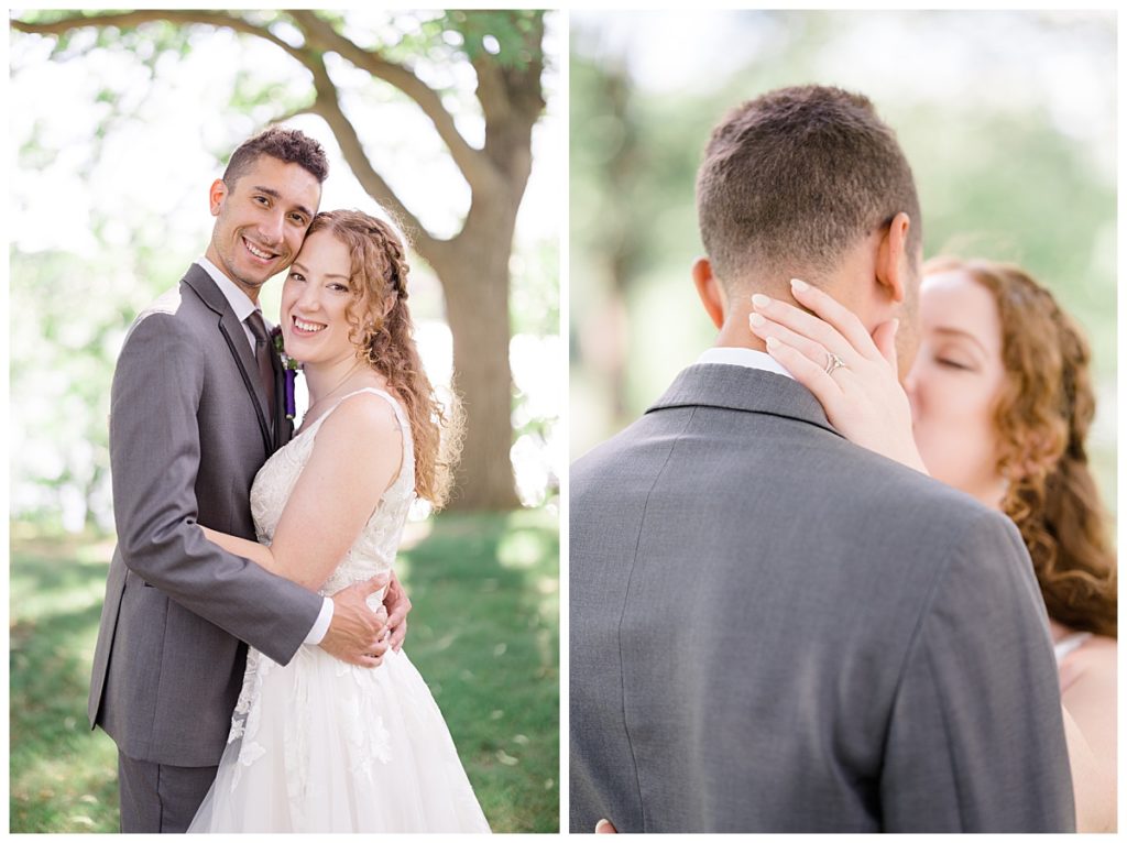 couple holds each other and kisses in grassy area by Hunter Hennes Photography 