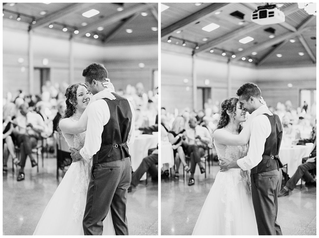 bride and groom hold each other closely while they dance at destination wedding photographer