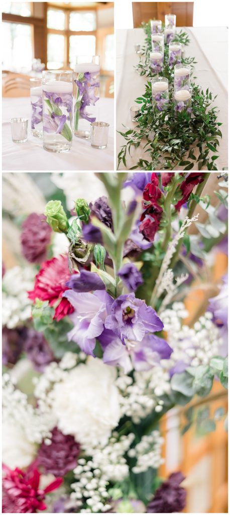 purple, white, and fuchsia flowers decorate tables by destination wedding photographer