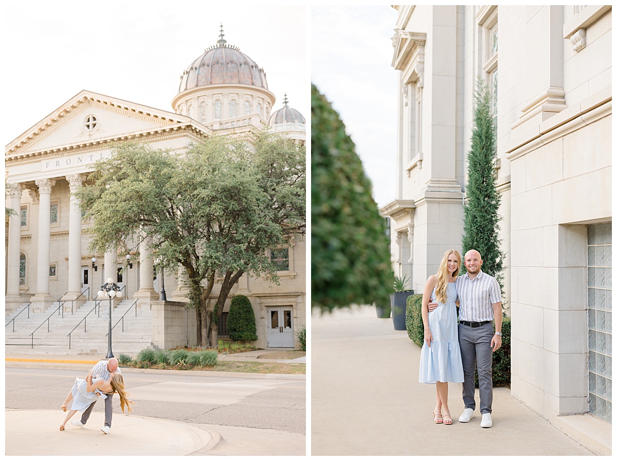 couple stands by church and man dips woman by destination wedding photographer