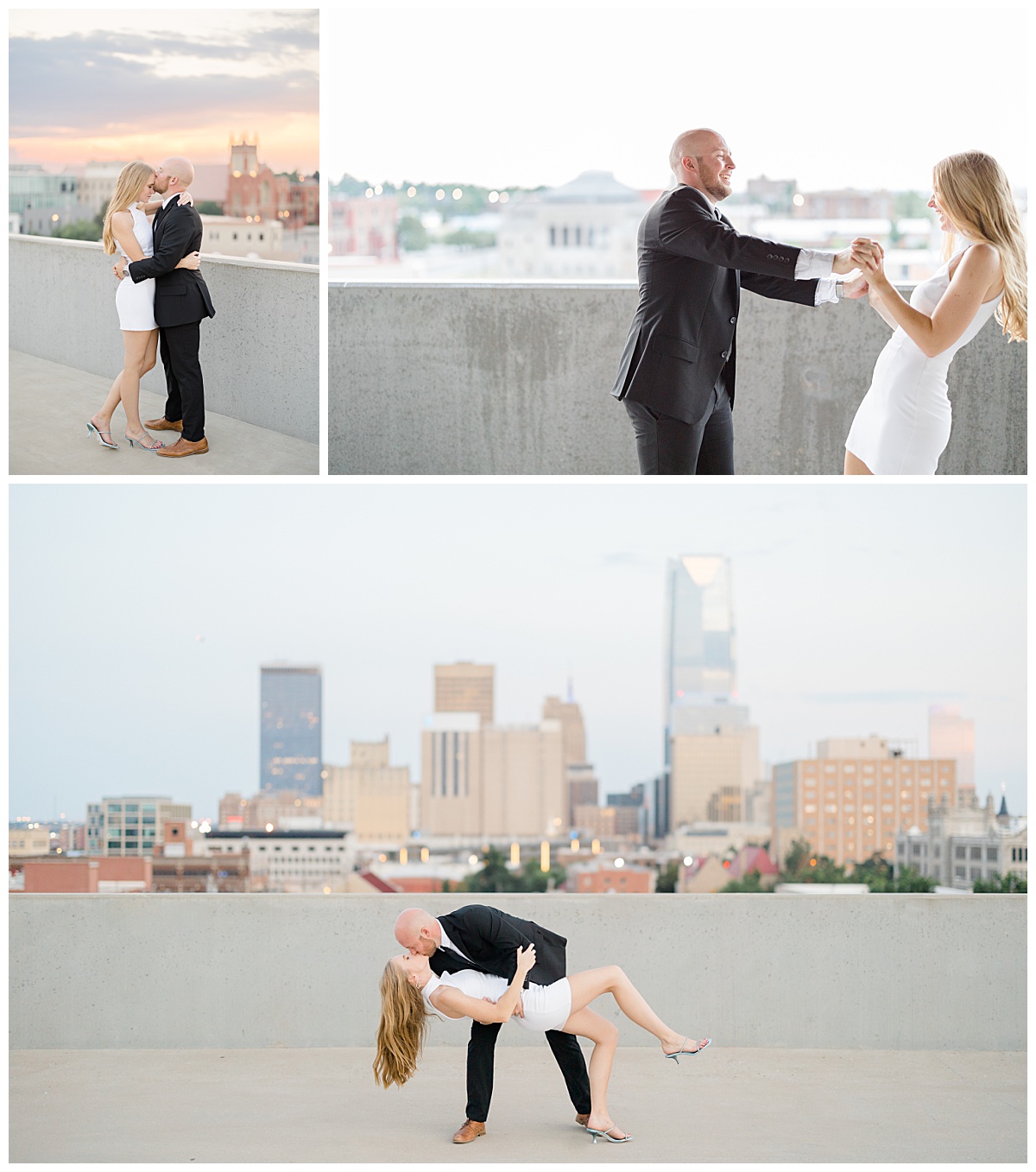 man in black and woman in white dance and kiss on top of building for Frontline Church engagement