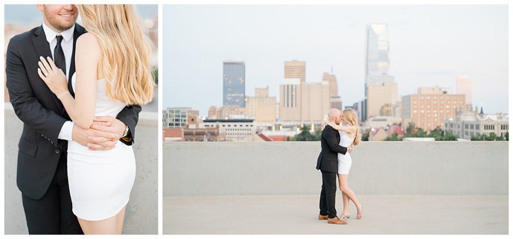 fiancés embrace on rooftop by Hunter Hennes Photography