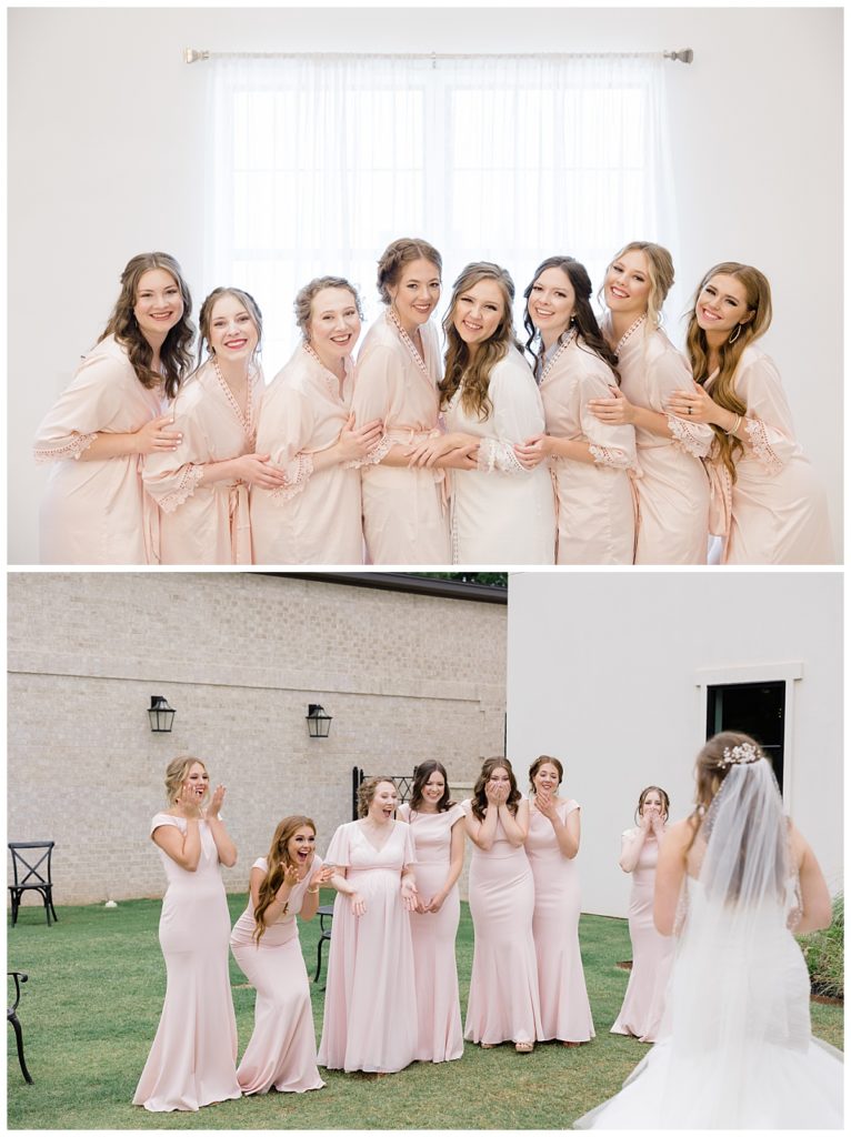 bridesmaids see bride for first time at romantic Oklahoma wedding