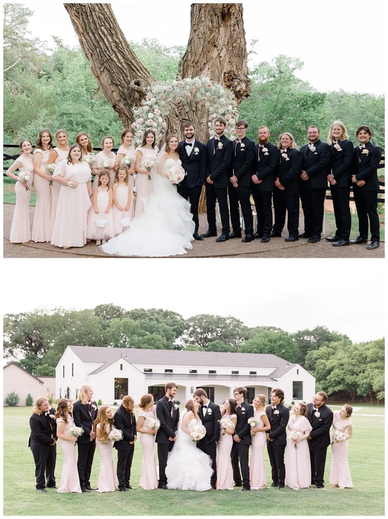 bridal party stands in front of large tree at romantic Oklahoma wedding