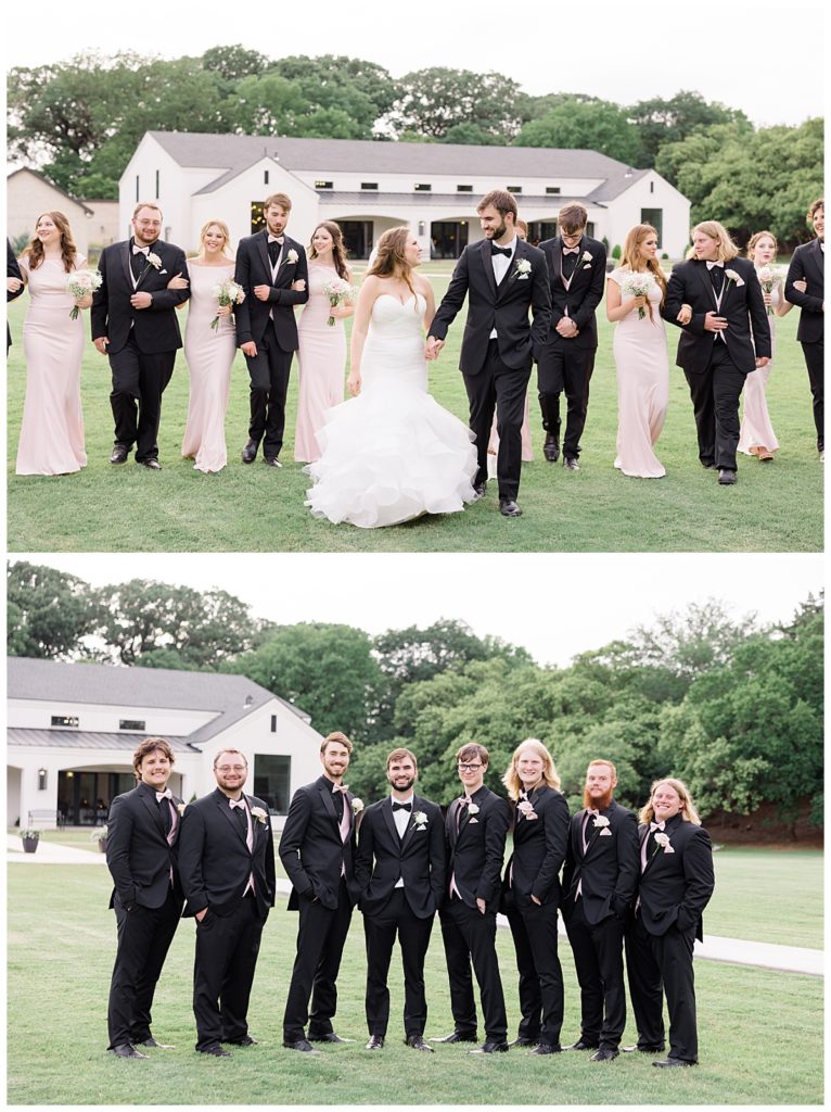 bridal party walks with bride and groom by destination wedding photographer