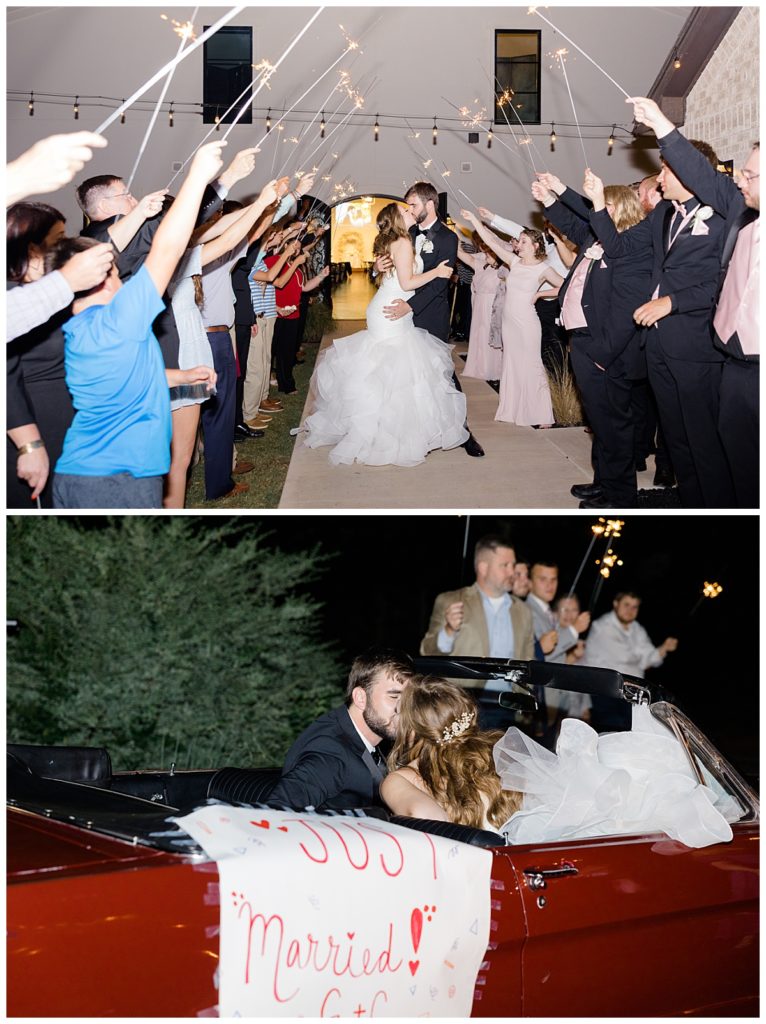 couple exits wedding with sparklers and convertible at romantic Oklahoma wedding