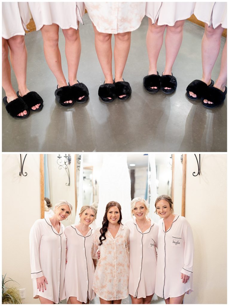 bridesmaids wear pajamas and slippers at elegant Oklahoma wedding