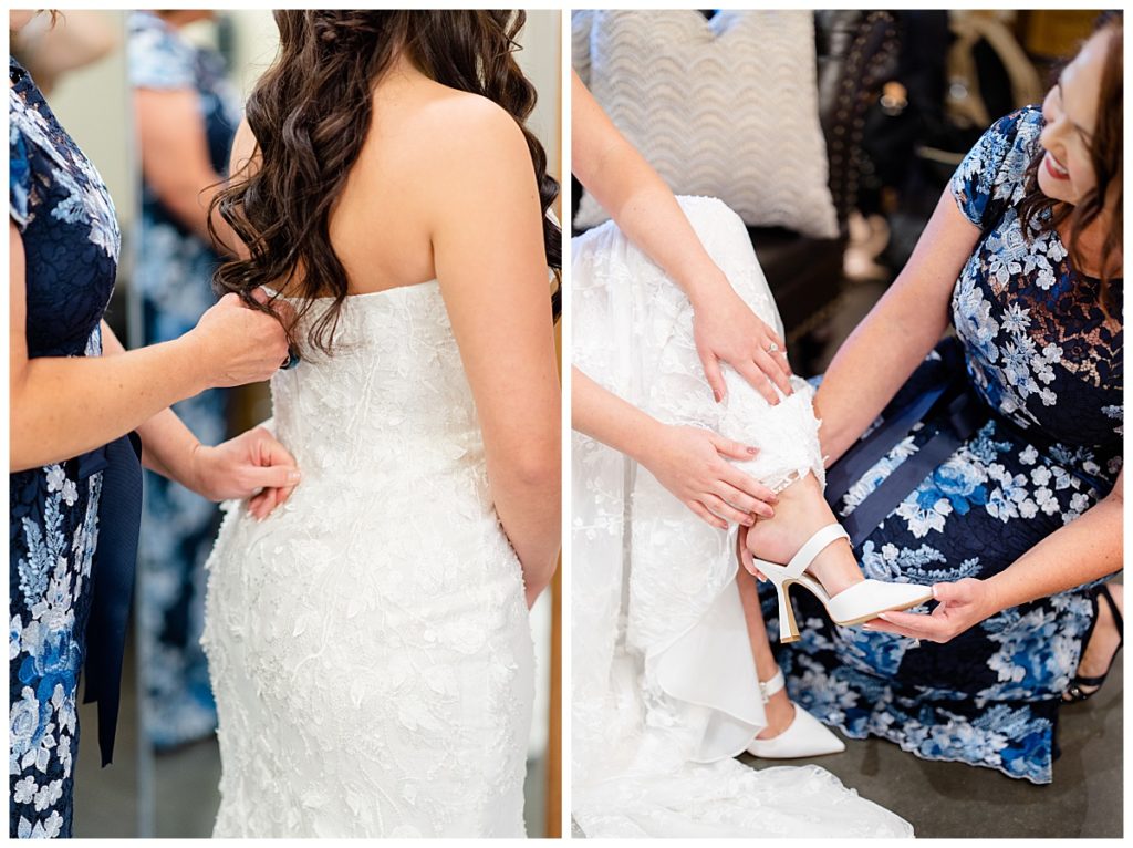 mother of the bride zips dress and puts on shoes by destination photographer