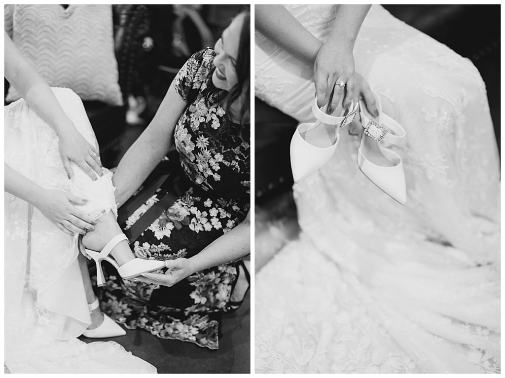 bride puts on shoes getting ready by Hunter Hennes Photography