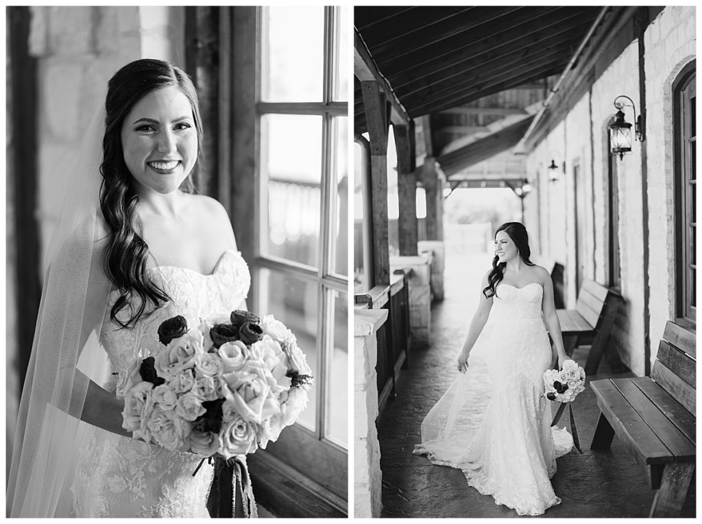 bride with cathedral veil walks outside at elegant Oklahoma wedding