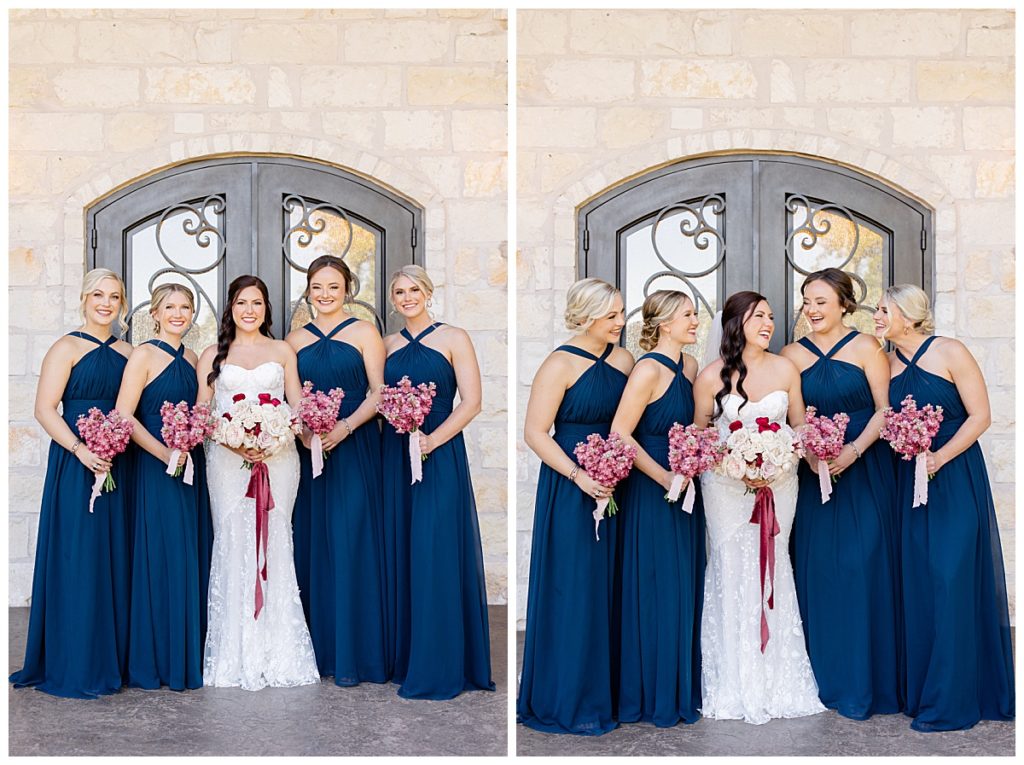 bridesmaids look at each other at elegant Oklahoma wedding