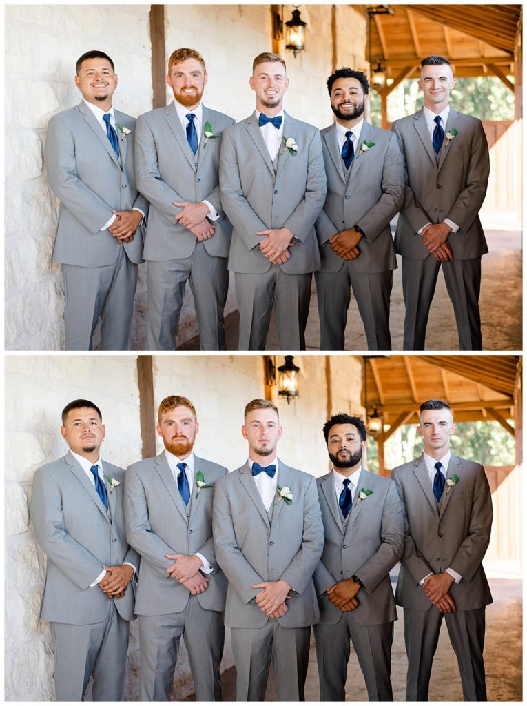 groomsmen stand outside venue at elegant Oklahoma wedding