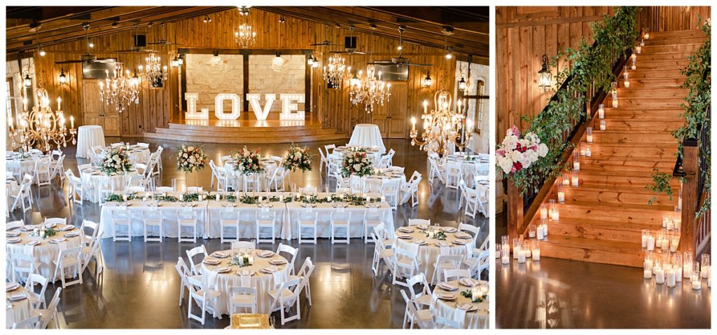 candles and greenery decorate beautiful venue at elegant Oklahoma wedding