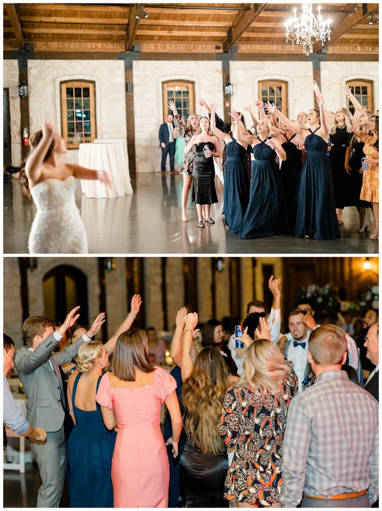 guests enjoy dancing and catching bouquet at elegant Oklahoma wedding