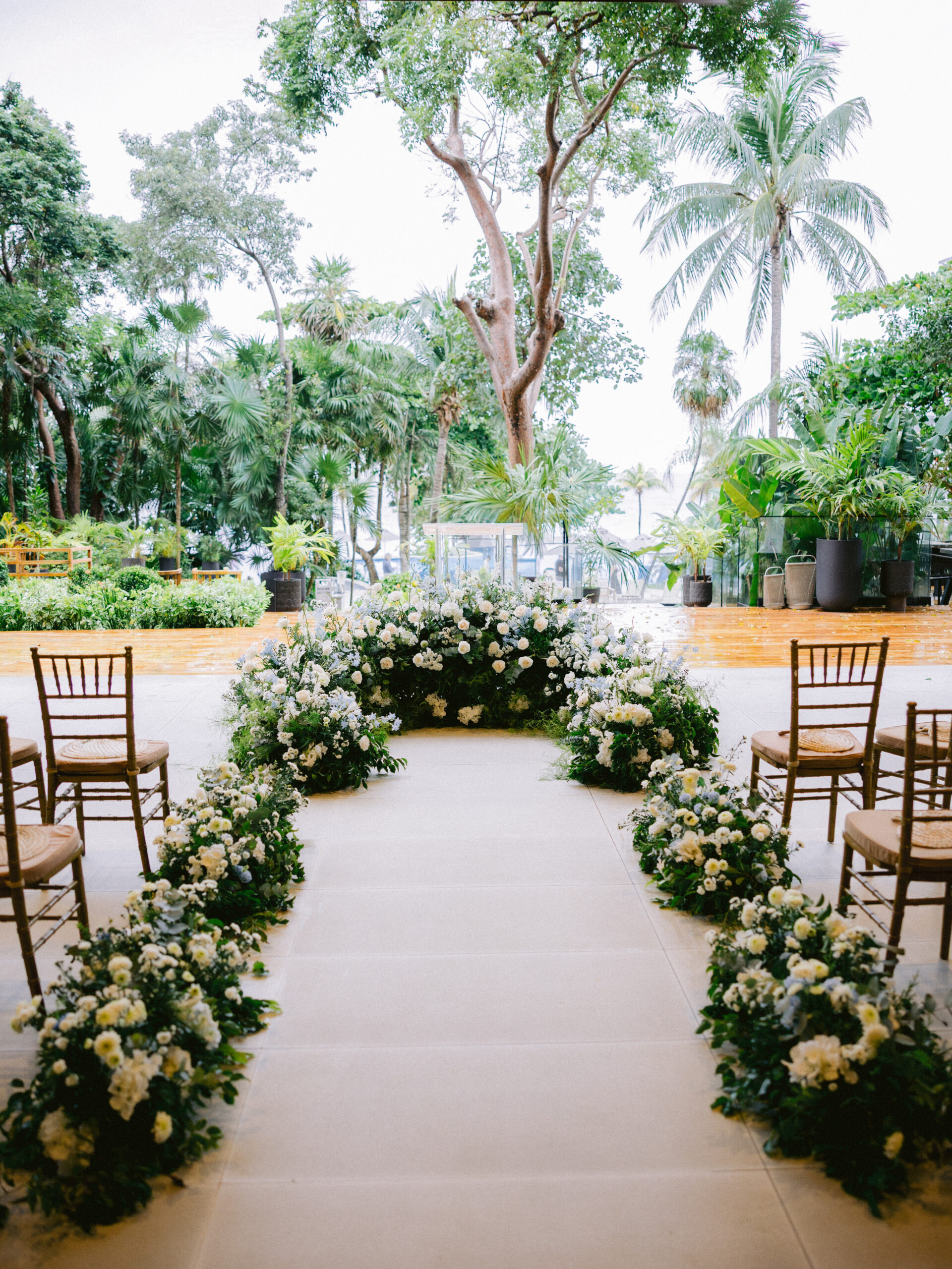 Roatan wedding ceremony set up with flowers