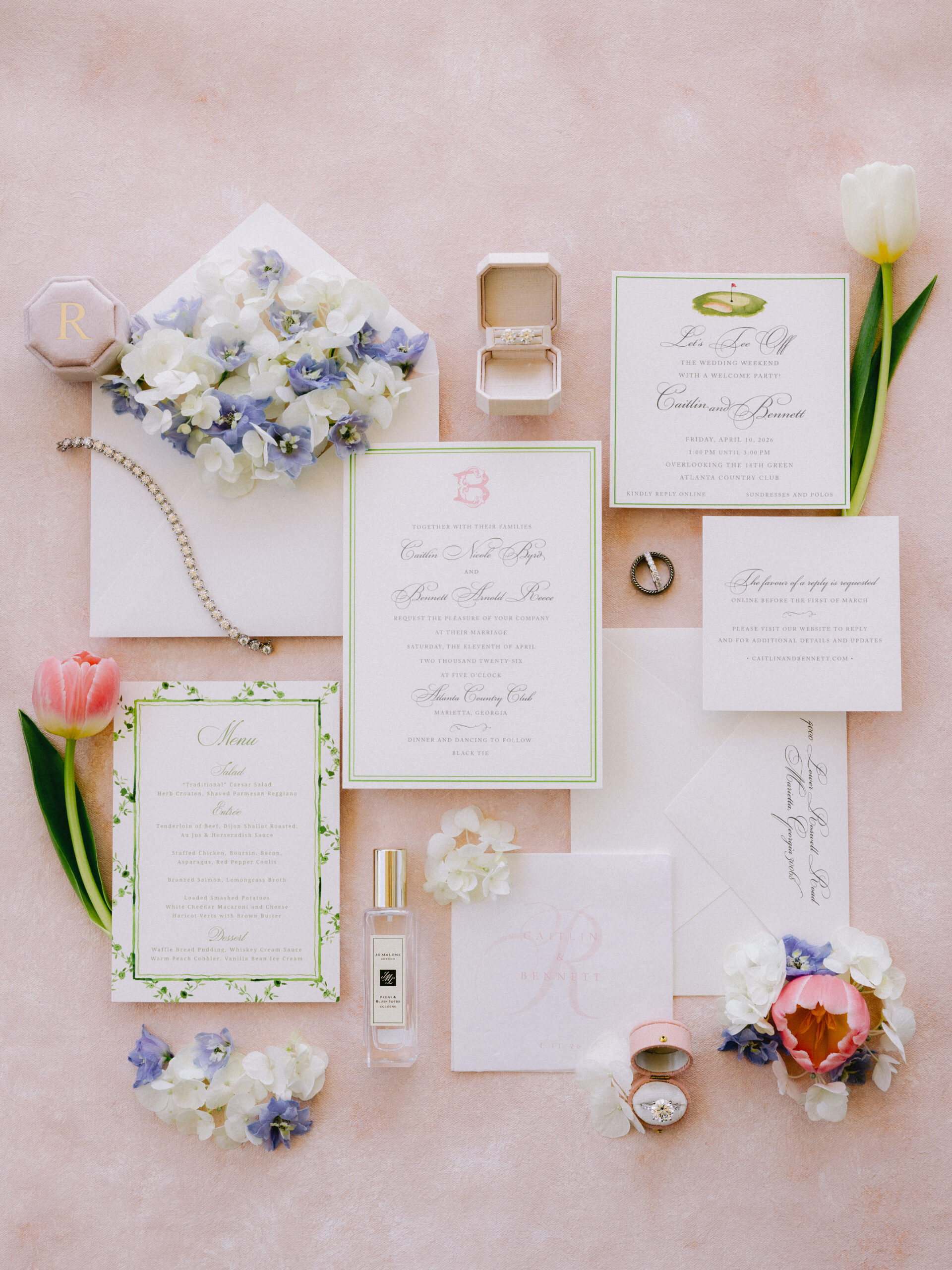 Atlanta Country Club Wedding stationery with pink and green colors